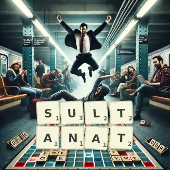 Kreative Illustration für ein Scrabble-Spiel, bei dem das Wort SULTANAT mit Steinen auf dem Brett gelegt wurde.