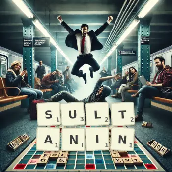 Kreative Illustration für ein Scrabble-Spiel, bei dem das Wort SULTANIN mit Steinen auf dem Brett gelegt wurde.