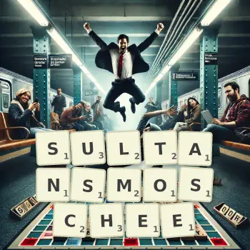 Kreative Illustration für ein Scrabble-Spiel, bei dem das Wort SULTANSMOSCHEE mit Steinen auf dem Brett gelegt wurde.