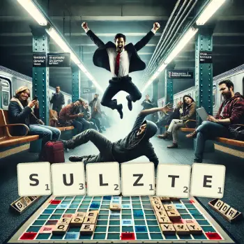 Kreative Illustration für ein Scrabble-Spiel, bei dem das Wort SULZTE mit Steinen auf dem Brett gelegt wurde.