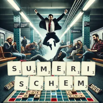 Kreative Illustration für ein Scrabble-Spiel, bei dem das Wort SUMERISCHEM mit Steinen auf dem Brett gelegt wurde.