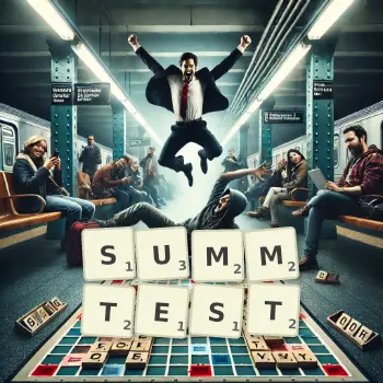 Kreative Illustration für ein Scrabble-Spiel, bei dem das Wort SUMMTEST mit Steinen auf dem Brett gelegt wurde.