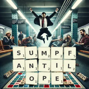 Kreative Illustration für ein Scrabble-Spiel, bei dem das Wort SUMPFANTILOPE mit Steinen auf dem Brett gelegt wurde.