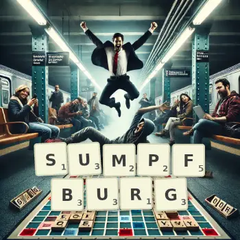 Kreative Illustration für ein Scrabble-Spiel, bei dem das Wort SUMPFBURG mit Steinen auf dem Brett gelegt wurde.