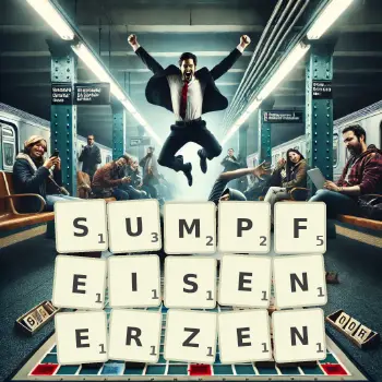 Kreative Illustration für ein Scrabble-Spiel, bei dem das Wort SUMPFEISENERZEN mit Steinen auf dem Brett gelegt wurde.