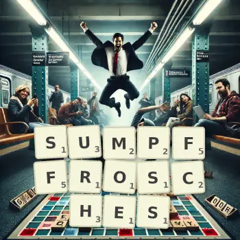 Kreative Illustration für ein Scrabble-Spiel, bei dem das Wort SUMPFFROSCHES mit Steinen auf dem Brett gelegt wurde.