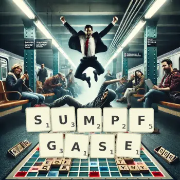 Kreative Illustration für ein Scrabble-Spiel, bei dem das Wort SUMPFGASE mit Steinen auf dem Brett gelegt wurde.