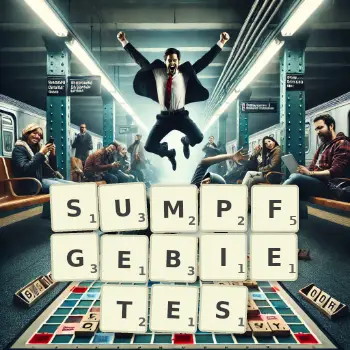 Kreative Illustration für ein Scrabble-Spiel, bei dem das Wort SUMPFGEBIETES mit Steinen auf dem Brett gelegt wurde.