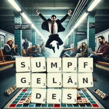 Kreative Illustration für ein Scrabble-Spiel, bei dem das Wort SUMPFGELÄNDES mit Steinen auf dem Brett gelegt wurde.