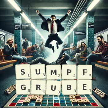 Kreative Illustration für ein Scrabble-Spiel, bei dem das Wort SUMPFGRUBE mit Steinen auf dem Brett gelegt wurde.