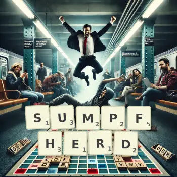 Kreative Illustration für ein Scrabble-Spiel, bei dem das Wort SUMPFHERD mit Steinen auf dem Brett gelegt wurde.