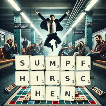 Kreative Illustration für ein Scrabble-Spiel, bei dem das Wort SUMPFHIRSCHEN mit Steinen auf dem Brett gelegt wurde.