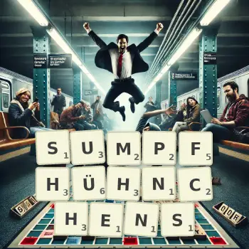 Kreative Illustration für ein Scrabble-Spiel, bei dem das Wort SUMPFHÜHNCHENS mit Steinen auf dem Brett gelegt wurde.