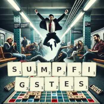 Kreative Illustration für ein Scrabble-Spiel, bei dem das Wort SUMPFIGSTES mit Steinen auf dem Brett gelegt wurde.