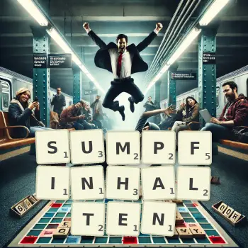 Kreative Illustration für ein Scrabble-Spiel, bei dem das Wort SUMPFINHALTEN mit Steinen auf dem Brett gelegt wurde.