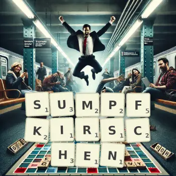 Kreative Illustration für ein Scrabble-Spiel, bei dem das Wort SUMPFKIRSCHEN mit Steinen auf dem Brett gelegt wurde.