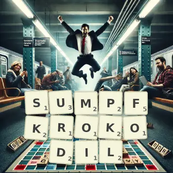 Kreative Illustration für ein Scrabble-Spiel, bei dem das Wort SUMPFKROKODIL mit Steinen auf dem Brett gelegt wurde.