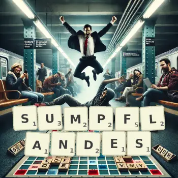 Kreative Illustration für ein Scrabble-Spiel, bei dem das Wort SUMPFLANDES mit Steinen auf dem Brett gelegt wurde.