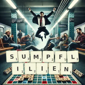 Kreative Illustration für ein Scrabble-Spiel, bei dem das Wort SUMPFLILIEN mit Steinen auf dem Brett gelegt wurde.