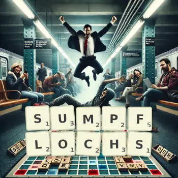 Kreative Illustration für ein Scrabble-Spiel, bei dem das Wort SUMPFLOCHS mit Steinen auf dem Brett gelegt wurde.