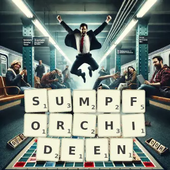 Kreative Illustration für ein Scrabble-Spiel, bei dem das Wort SUMPFORCHIDEEN mit Steinen auf dem Brett gelegt wurde.