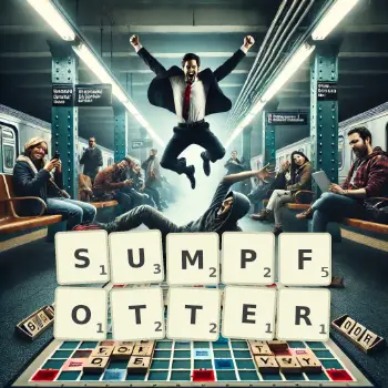 Kreative Illustration für ein Scrabble-Spiel, bei dem das Wort SUMPFOTTER mit Steinen auf dem Brett gelegt wurde.