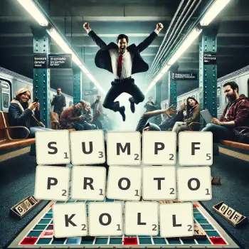 Kreative Illustration für ein Scrabble-Spiel, bei dem das Wort SUMPFPROTOKOLL mit Steinen auf dem Brett gelegt wurde.