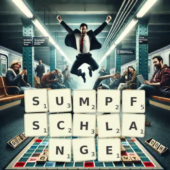 Kreative Illustration für ein Scrabble-Spiel, bei dem das Wort SUMPFSCHLANGE mit Steinen auf dem Brett gelegt wurde.