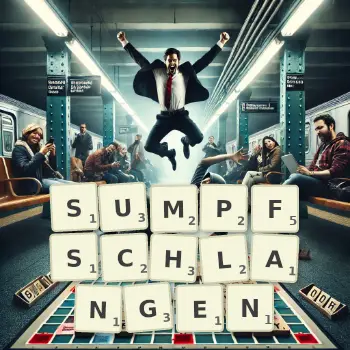 Kreative Illustration für ein Scrabble-Spiel, bei dem das Wort SUMPFSCHLANGEN mit Steinen auf dem Brett gelegt wurde.