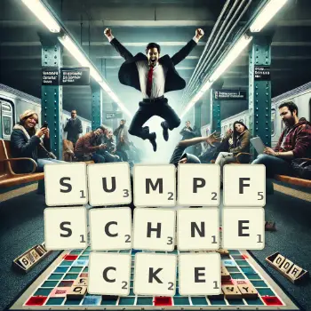 Kreative Illustration für ein Scrabble-Spiel, bei dem das Wort SUMPFSCHNECKE mit Steinen auf dem Brett gelegt wurde.