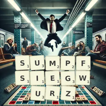 Kreative Illustration für ein Scrabble-Spiel, bei dem das Wort SUMPFSIEGWURZ mit Steinen auf dem Brett gelegt wurde.