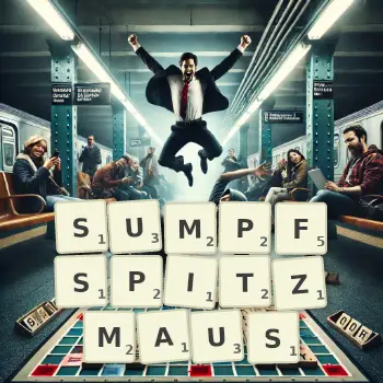 Kreative Illustration für ein Scrabble-Spiel, bei dem das Wort SUMPFSPITZMAUS mit Steinen auf dem Brett gelegt wurde.