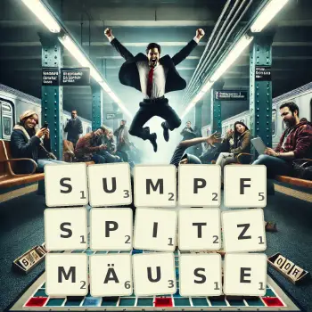 Kreative Illustration für ein Scrabble-Spiel, bei dem das Wort SUMPFSPITZMÄUSE mit Steinen auf dem Brett gelegt wurde.