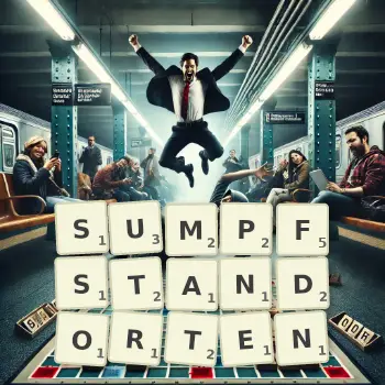 Kreative Illustration für ein Scrabble-Spiel, bei dem das Wort SUMPFSTANDORTEN mit Steinen auf dem Brett gelegt wurde.