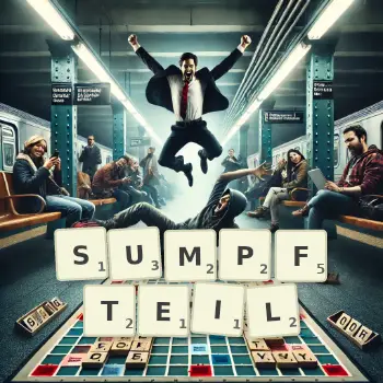 Kreative Illustration für ein Scrabble-Spiel, bei dem das Wort SUMPFTEIL mit Steinen auf dem Brett gelegt wurde.