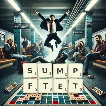 Kreative Illustration für ein Scrabble-Spiel, bei dem das Wort SUMPFTET mit Steinen auf dem Brett gelegt wurde.