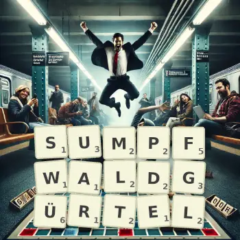 Kreative Illustration für ein Scrabble-Spiel, bei dem das Wort SUMPFWALDGÜRTEL mit Steinen auf dem Brett gelegt wurde.