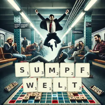 Kreative Illustration für ein Scrabble-Spiel, bei dem das Wort SUMPFWELT mit Steinen auf dem Brett gelegt wurde.