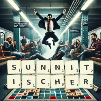 Kreative Illustration für ein Scrabble-Spiel, bei dem das Wort SUNNITISCHER mit Steinen auf dem Brett gelegt wurde.