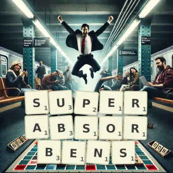 Kreative Illustration für ein Scrabble-Spiel, bei dem das Wort SUPERABSORBENS mit Steinen auf dem Brett gelegt wurde.