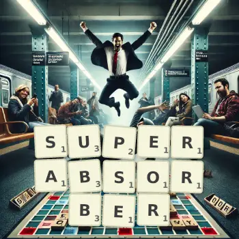 Kreative Illustration für ein Scrabble-Spiel, bei dem das Wort SUPERABSORBER mit Steinen auf dem Brett gelegt wurde.