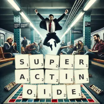 Kreative Illustration für ein Scrabble-Spiel, bei dem das Wort SUPERACTINOIDE mit Steinen auf dem Brett gelegt wurde.