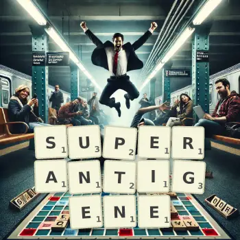 Kreative Illustration für ein Scrabble-Spiel, bei dem das Wort SUPERANTIGENE mit Steinen auf dem Brett gelegt wurde.