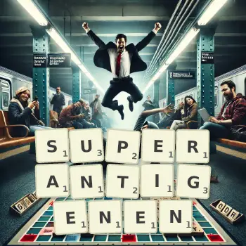 Kreative Illustration für ein Scrabble-Spiel, bei dem das Wort SUPERANTIGENEN mit Steinen auf dem Brett gelegt wurde.