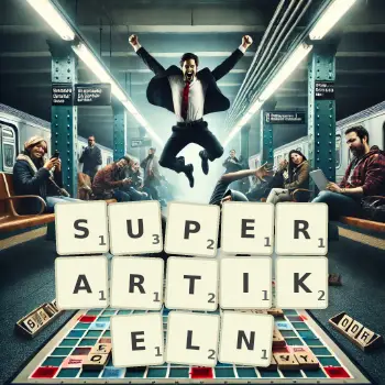 Kreative Illustration für ein Scrabble-Spiel, bei dem das Wort SUPERARTIKELN mit Steinen auf dem Brett gelegt wurde.