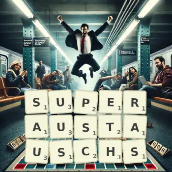 Kreative Illustration für ein Scrabble-Spiel, bei dem das Wort SUPERAUSTAUSCHS mit Steinen auf dem Brett gelegt wurde.