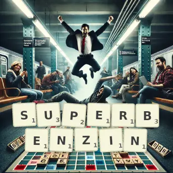 Kreative Illustration für ein Scrabble-Spiel, bei dem das Wort SUPERBENZIN mit Steinen auf dem Brett gelegt wurde.
