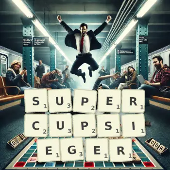 Kreative Illustration für ein Scrabble-Spiel, bei dem das Wort SUPERCUPSIEGER mit Steinen auf dem Brett gelegt wurde.