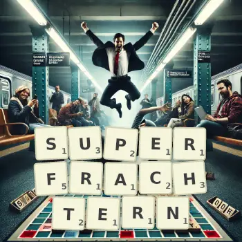 Kreative Illustration für ein Scrabble-Spiel, bei dem das Wort SUPERFRACHTERN mit Steinen auf dem Brett gelegt wurde.