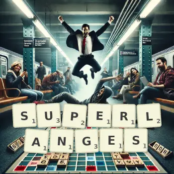 Kreative Illustration für ein Scrabble-Spiel, bei dem das Wort SUPERLANGES mit Steinen auf dem Brett gelegt wurde.